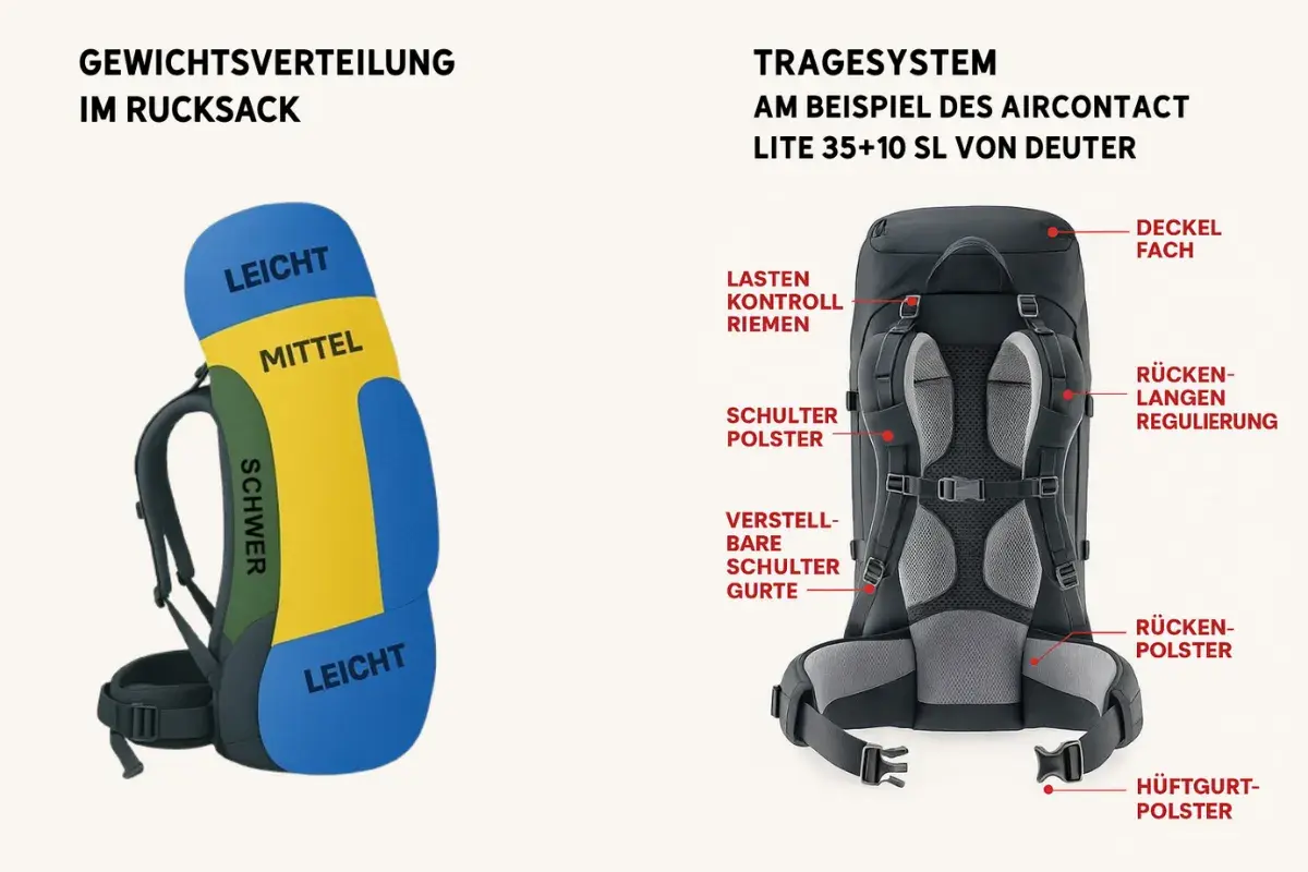 Rucksack mit farbiger Gewichtsverteilung (leicht, mittel, schwer) und detaillierter Ansicht des Tragesystems. Ideal für alle, die mit Rucksack joggen wollen.