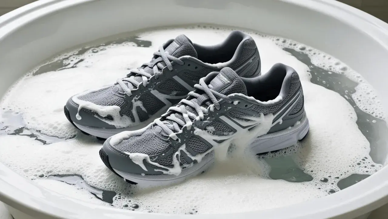 Graue Laufschuhe werden in einem Schaumbad gereinigt.