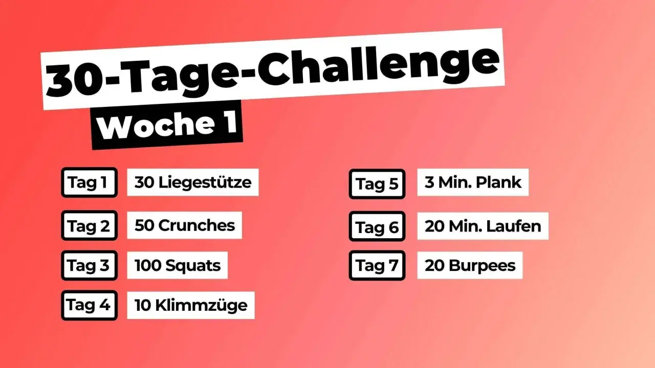 30-Tage-Fitness-Challenge: Woche 1 mit Liegestützen, Crunches, Squats, Klimmzügen, Plank, Laufen und Burpees.