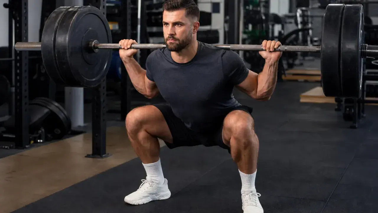 Mann macht Kniebeugen mit Langhantel im Fitnessstudio. Fokus auf Muskelaufbau und Krafttraining.
