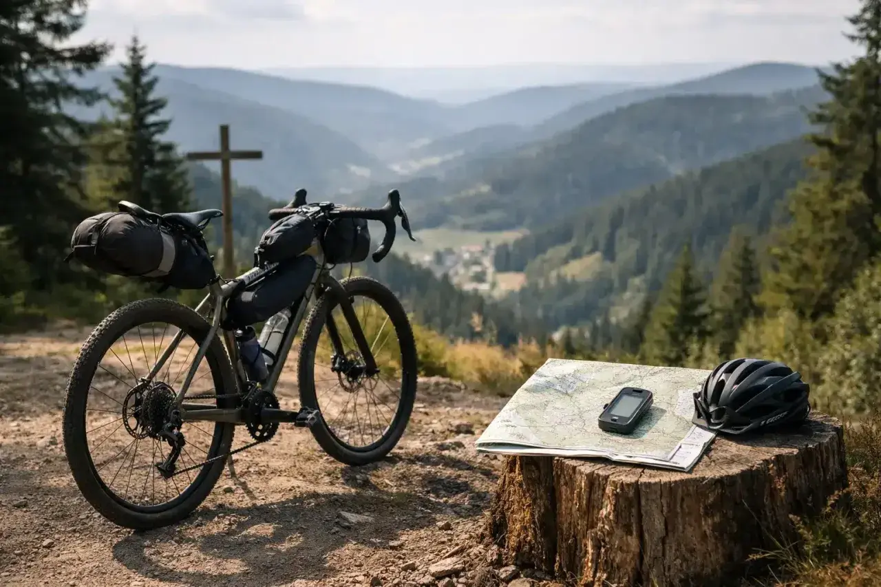Gravelbike mit Gepäcktaschen, Karte und Helm auf einem Baumstumpf, bereit für Abenteuer. Perfekt für deine nächsten Gravelbike Touren.