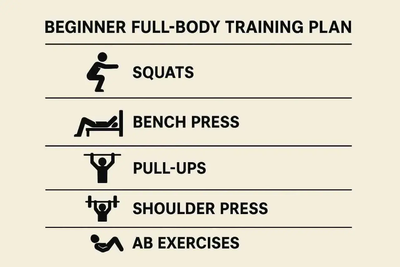 Ein Trainingsplan für Anfänger: Kniebeugen, Bankdrücken, Klimmzüge, Schulterdrücken und Bauchübungen zeigen, wie trainiere ich richtig.
