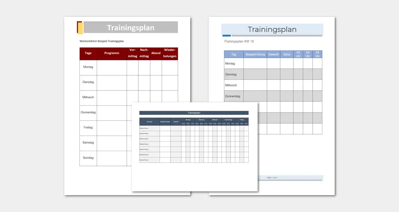 Kostenlose Trainingsplan-Vorlagen für die Wochenplanung. Verschiedene Formate zur Organisation von Übungen, Wiederholungen und Zeiten.