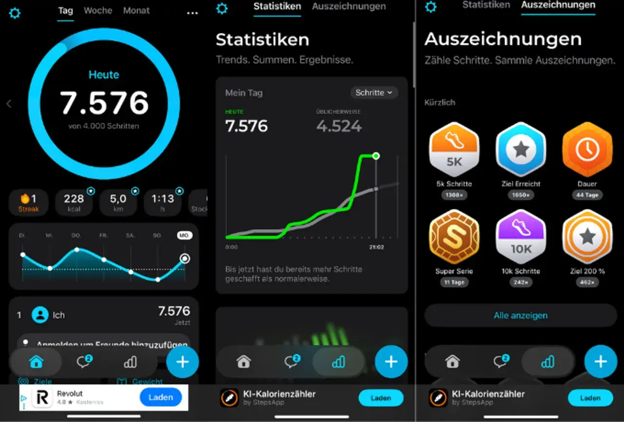 Schritte zählen mit der laufen App: 7.576 Schritte heute, Statistiken und Auszeichnungen wie 5K und 10K.