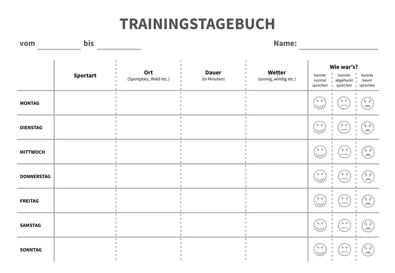 Ein Trainingsplan zum Ausdrucken mit Feldern für Sportart, Ort, Dauer, Wetter und Wohlbefinden.