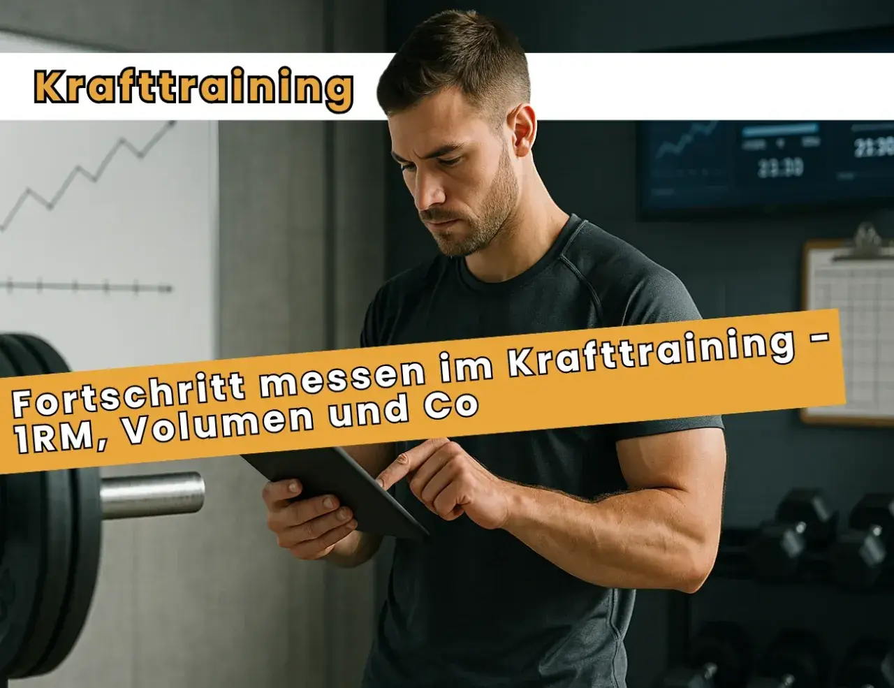 Mann im Fitnessstudio mit Tablet, misst Fortschritt im Krafttraining. Das Gewicht steigt, die Leistung auch.