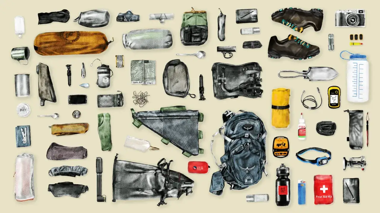 Ubersicht &uuml;ber die Fahrradtour Packliste: Rucksack, Schuhe, Werkzeug, Karten, Erste-Hilfe-Set und mehr f&uuml;r dein Abenteuer.