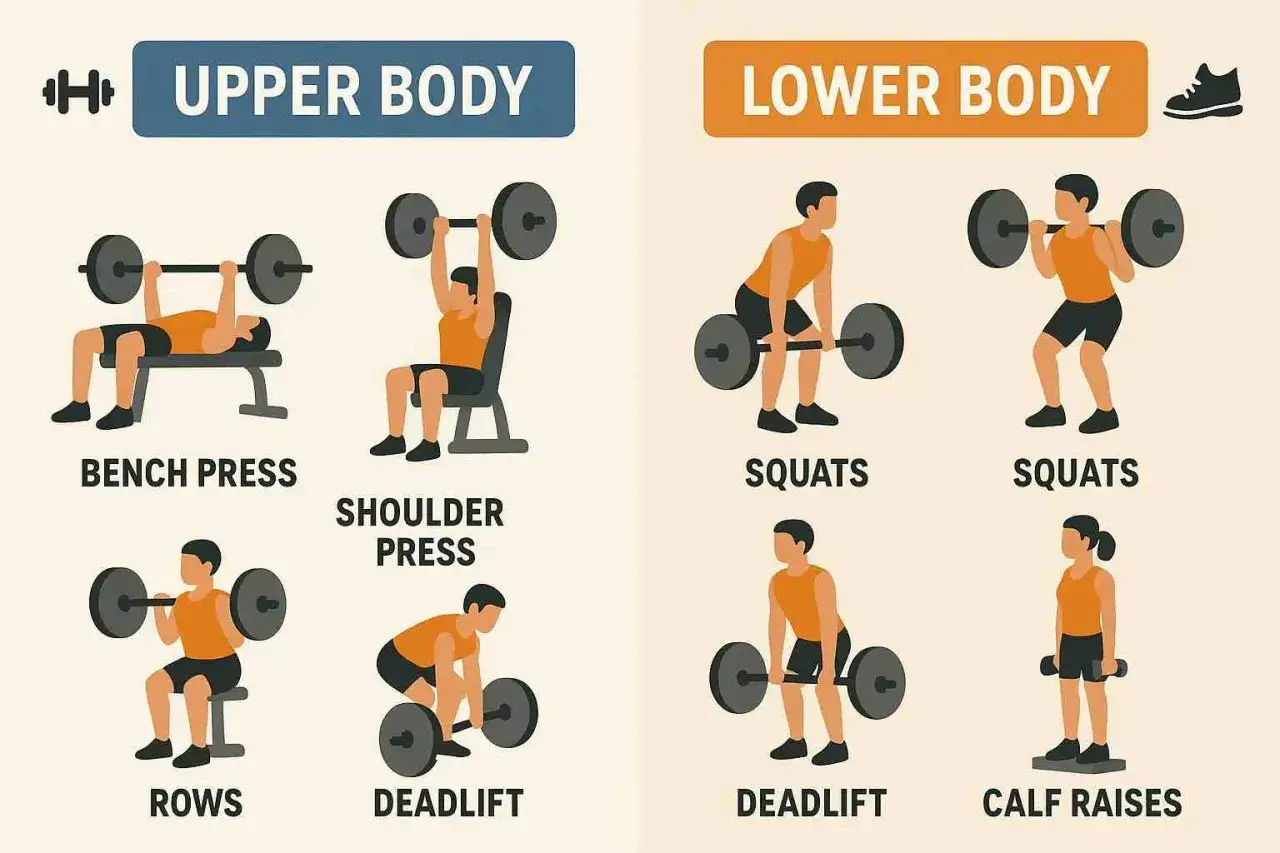 &Uuml;bungsauswahl f&uuml;r einen natural bodybuilding trainingsplan: Oberk&ouml;rper (Bankdr&uuml;cken, Schulterdr&uuml;cken, Rudern) und Unterk&ouml;rper (Kniebeugen, Kreuzheben, Wadenheben).
