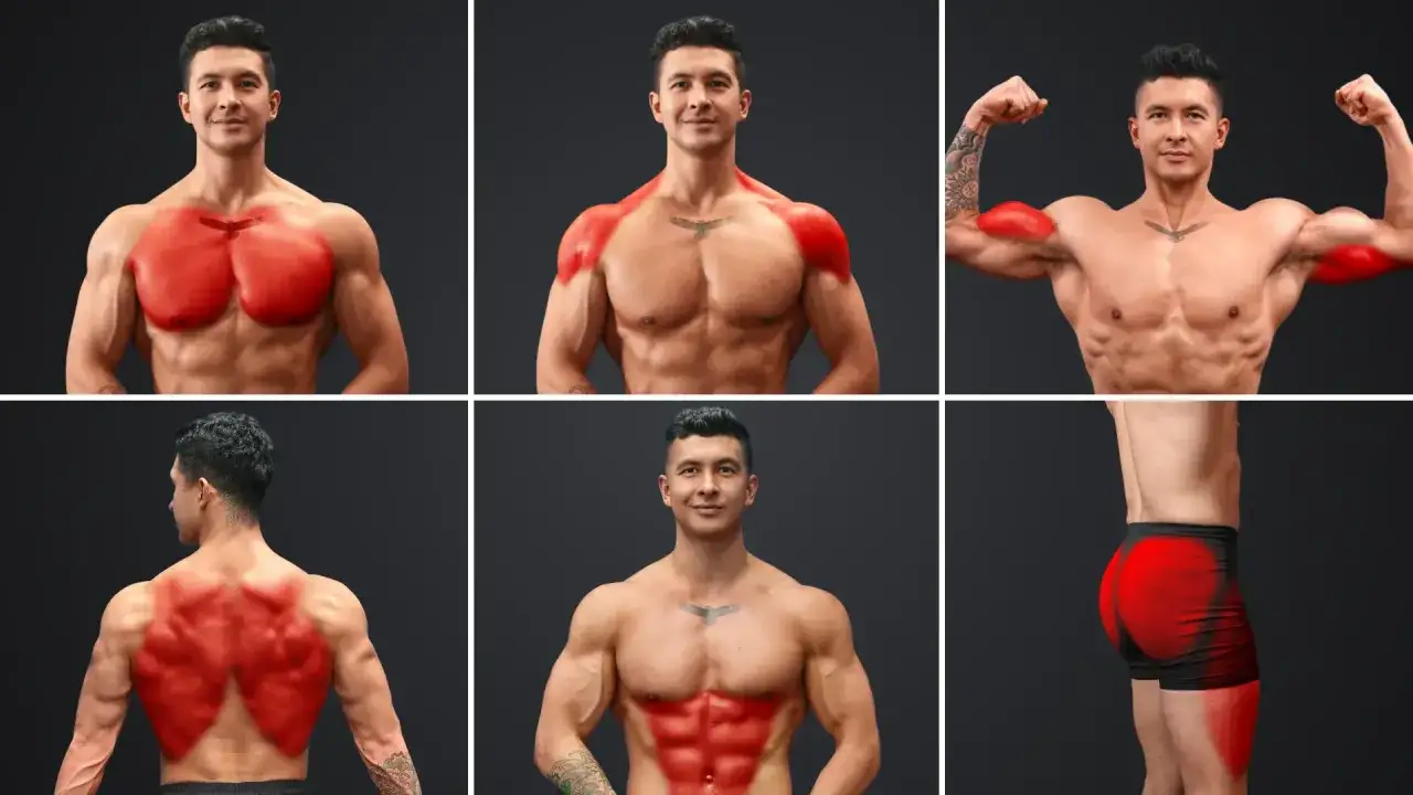 Ein Mann zeigt Muskelgruppen, die f&uuml;r einen Trainingsplan 3 mal die Woche relevant sind: Brust, Schultern, Arme, R&uuml;cken, Bauch und Beine.
