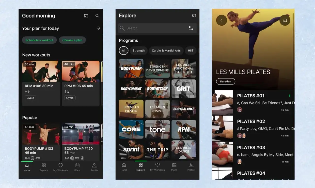 Fitness-App zeigt Trainingsoptionen. Hier kannst du deinen online Trainingsplan erstellen, von Cardio bis Krafttraining.