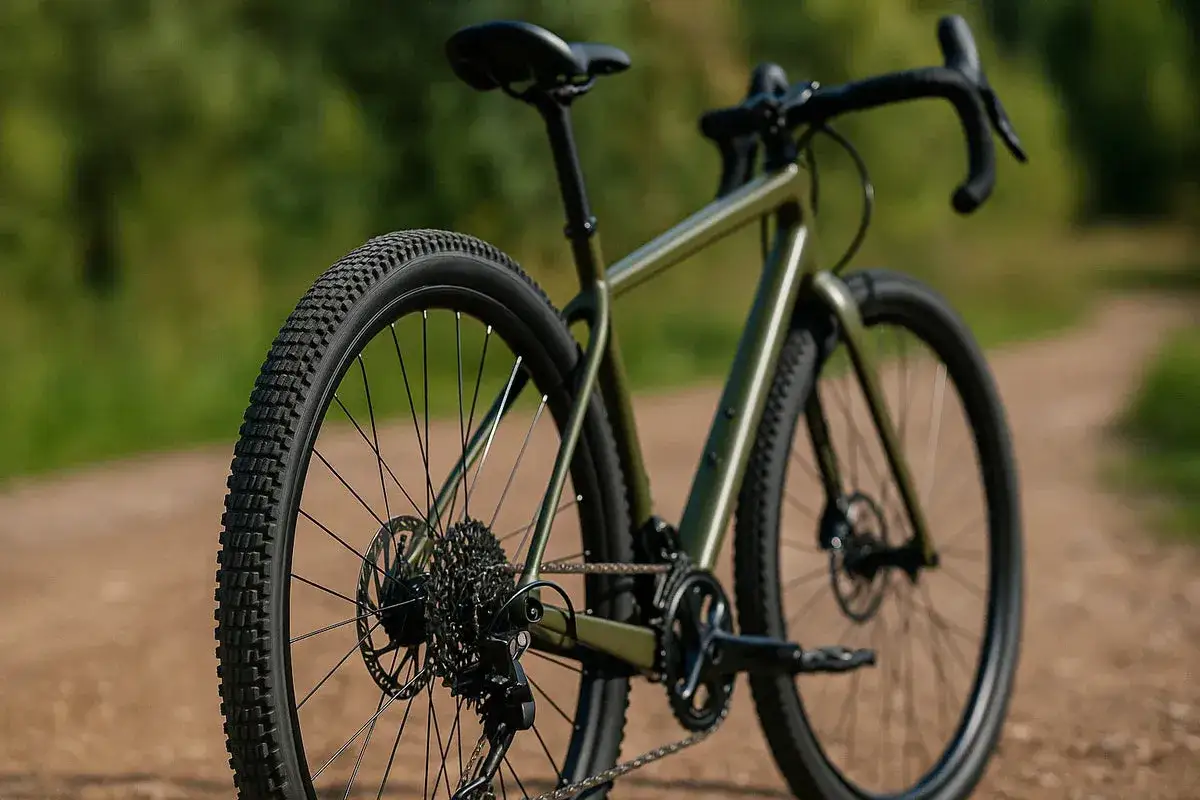 Gr&uuml;nes Gravelbike mit breiten Reifen auf einem Feldweg. Perfekt, um zu erkunden, was ist graveln und neue Wege zu entdecken.