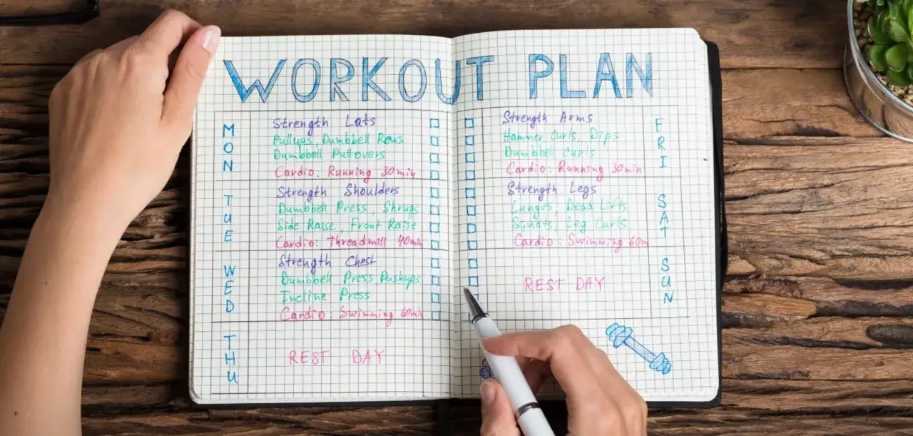 Eine Hand schreibt einen Trainingsplan in ein Notizbuch. Der Plan listet &Uuml;bungen f&uuml;r verschiedene Tage auf, darunter Krafttraining und Cardio.