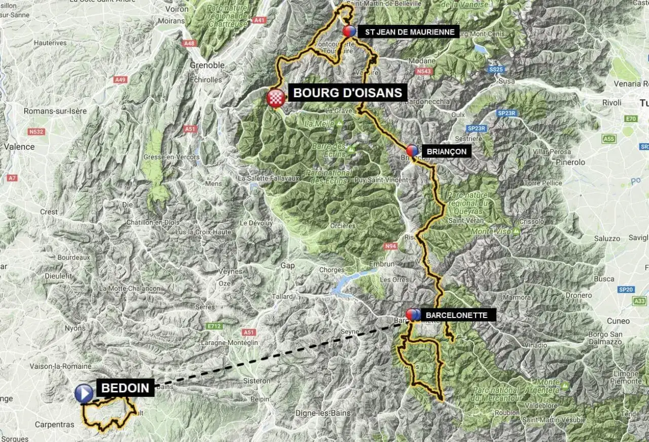 Die route Tour de France f&uuml;hrt durch die Alpen, von Bedoin &uuml;ber Barcelonette und Brian&ccedil;on nach St. Jean de Maurienne.