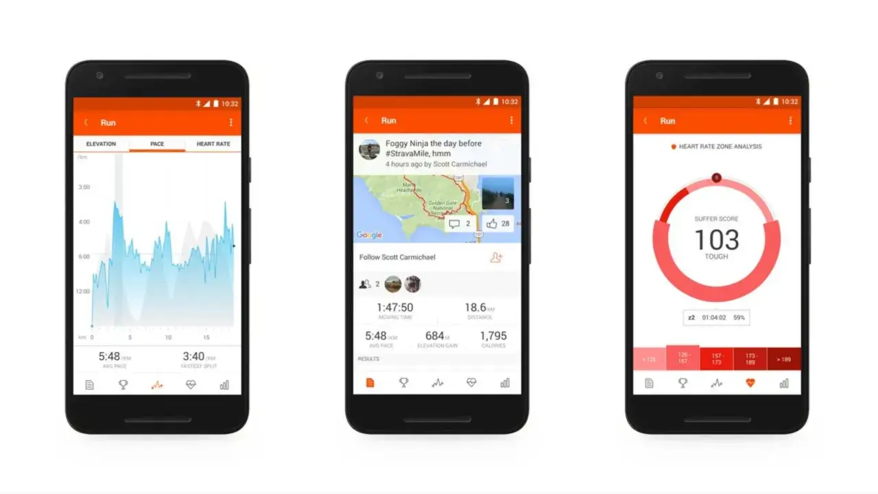 Drei Smartphone-Bildschirme zeigen die laufen App mit Laufstatistiken, einer Karte und Herzfrequenzzonen.