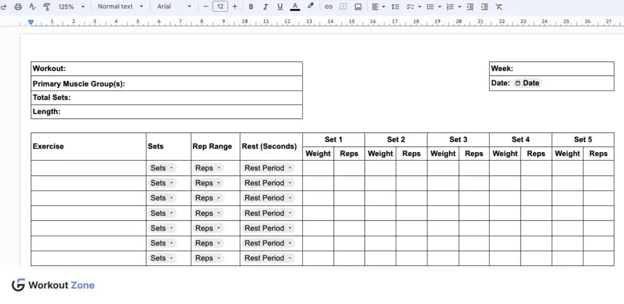 Trainingsplan-Vorlagen kostenlos: Eine Tabelle zur Erfassung von &Uuml;bungen, S&auml;tzen, Wiederholungen und Gewichten f&uuml;r dein Workout.