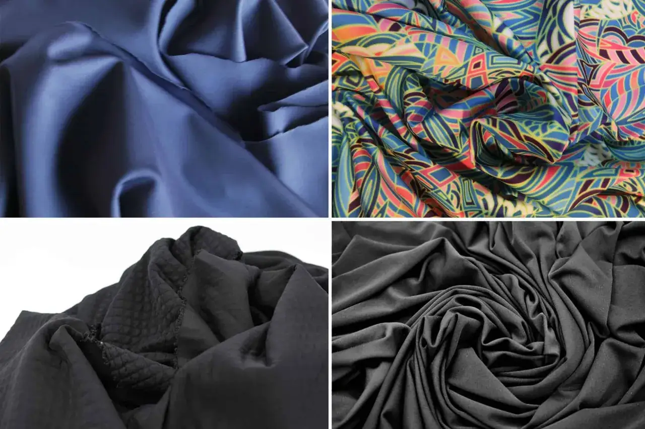 Vier verschiedene Stoffe: dunkelblau, bunt gemustert, schwarz gesteppt und ein glattes schwarzes Material. Ideale sportbekleidung materialien.