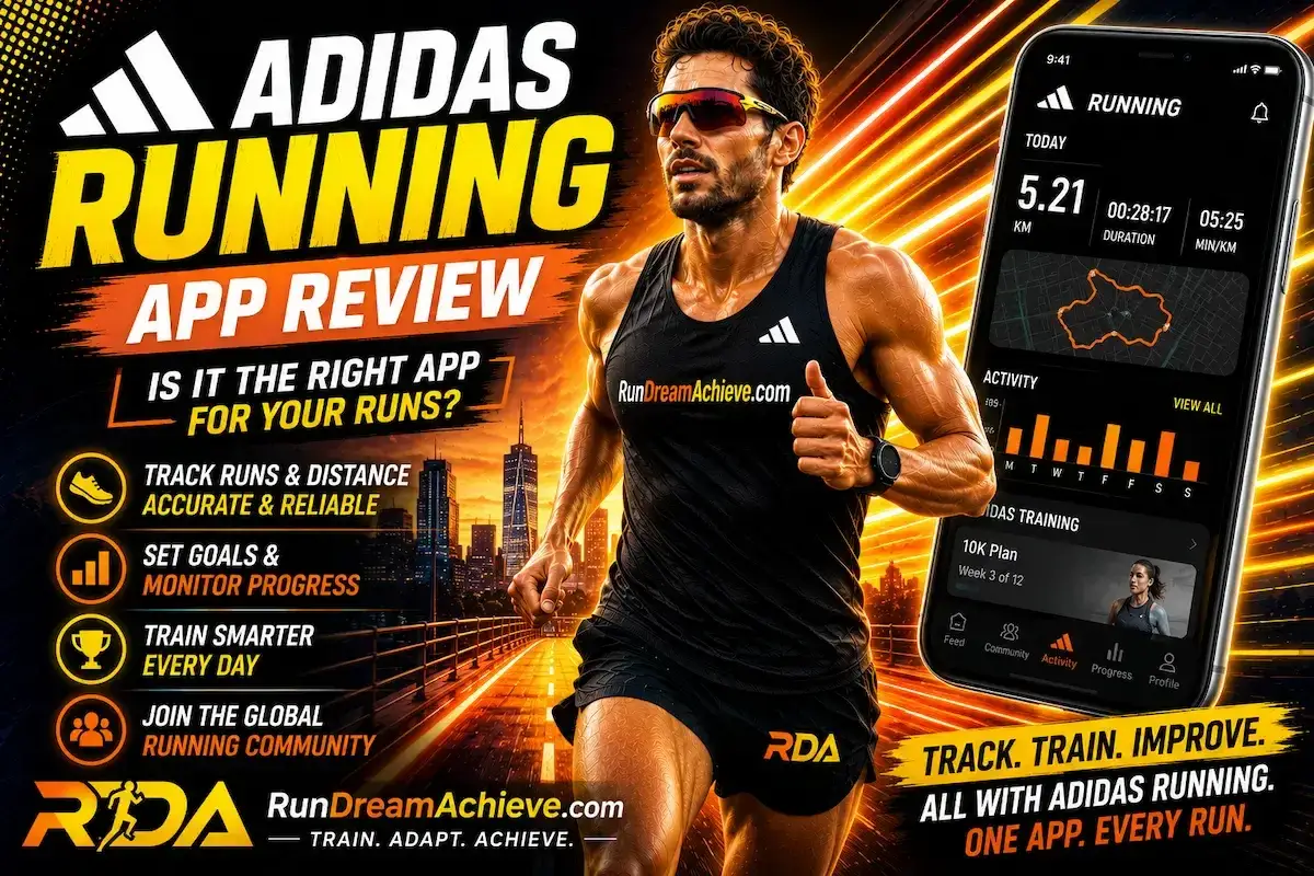 L&auml;ufer mit Smartphone, das die adidas running app zeigt. Verfolge deine L&auml;ufe, setze Ziele und trainiere smarter.