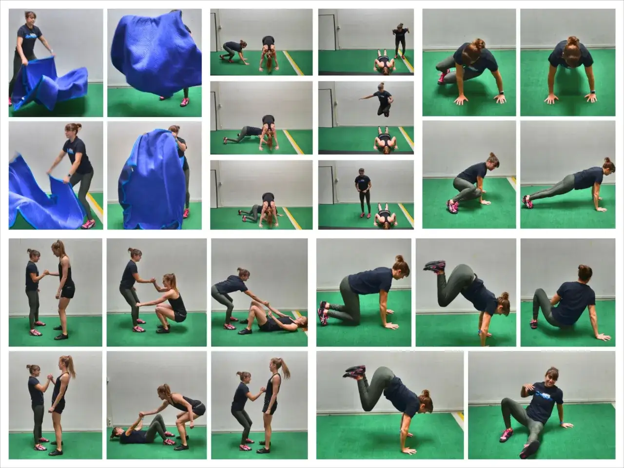 Frauen machen verschiedene Übungen, darunter das Schwingen einer blauen Decke und Krafttraining. Diese Übungen sind ideal für Cardio zum Abnehmen.