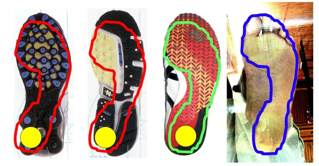 Vergleich von Laufschuhen und Fu&szlig;abdr&uuml;cken zur Ermittlung der perfekten Laufschuh Passform.