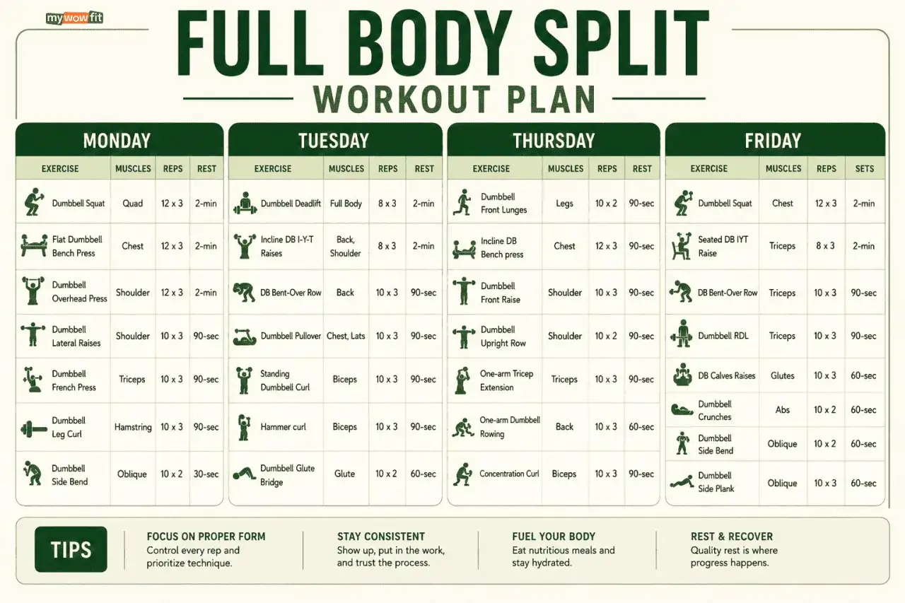 Trainingsplan f&uuml;r Bodybuilding: 5er Split mit &Uuml;bungen, Muskelgruppen, Wiederholungen und Pausen f&uuml;r jeden Tag.
