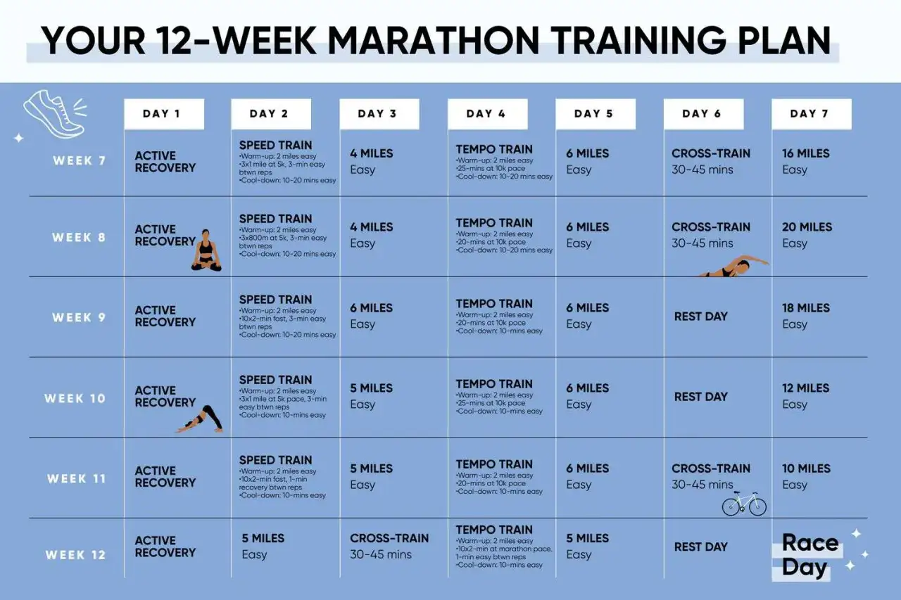 Trainingsplan f&uuml;r einen Marathon: wie oft joggen in der woche? Der Plan zeigt verschiedene Laufeinheiten, Ruhetage und Cross-Training.