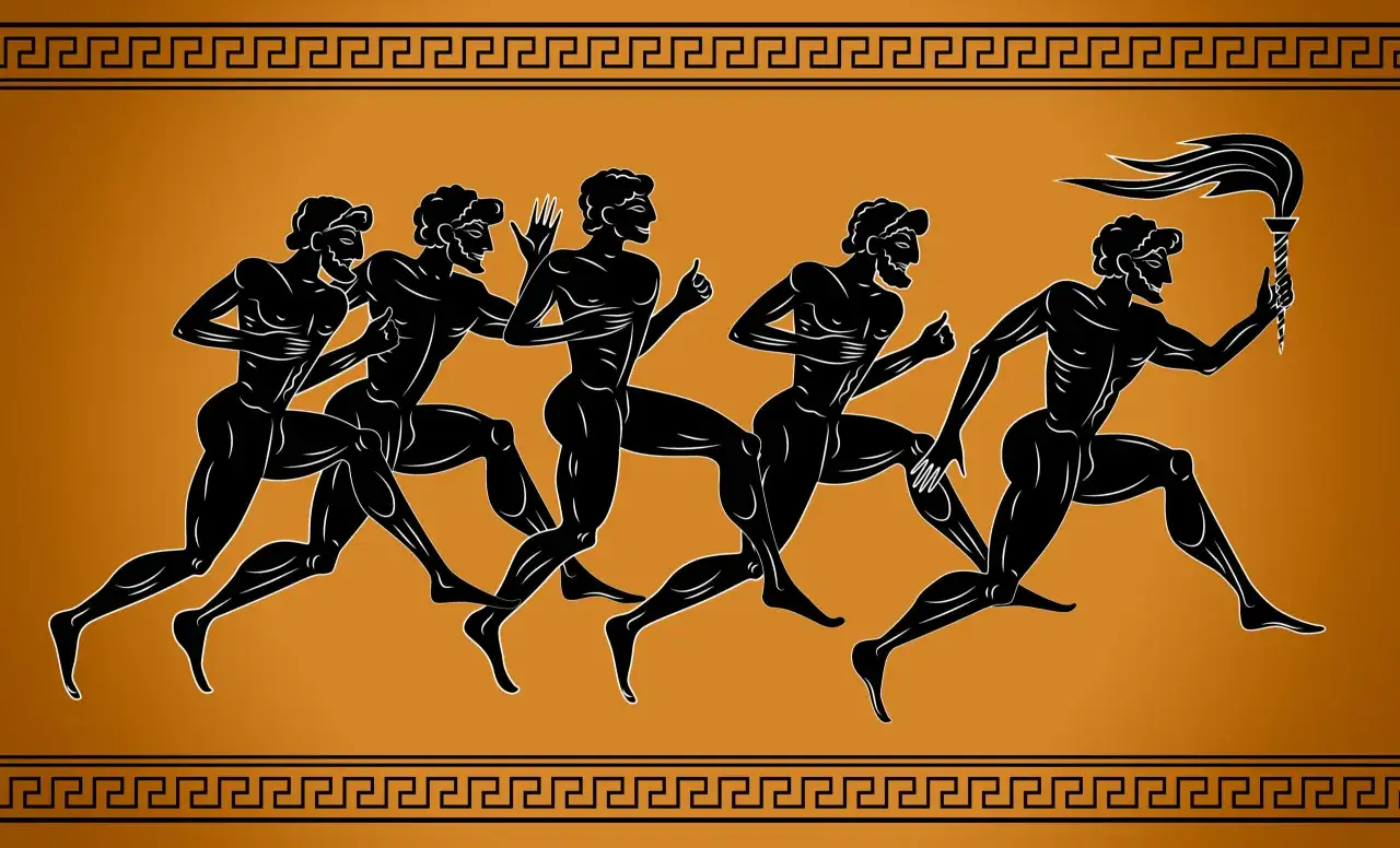 Antike Läufer in Schwarz-Weiß-Stil, die eine Fackel tragen. Eine Darstellung der marathon geschichte.