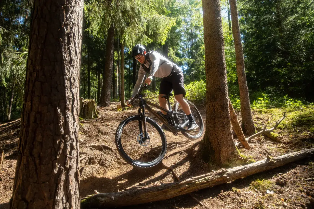 Mann f&auml;hrt Mountainbike auf einer Wald-mountainbike strecke. Sonnenlicht f&auml;llt durch die B&auml;ume.