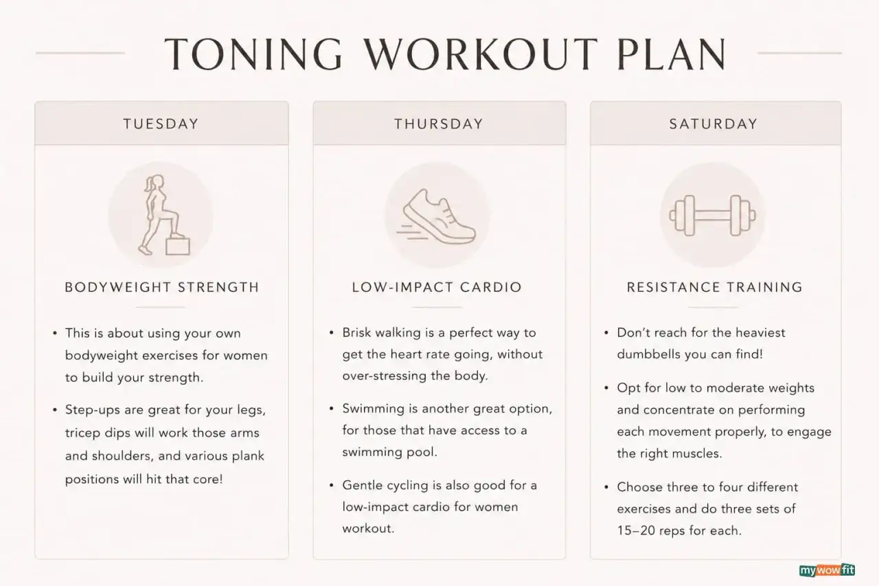 Trainingsplan f&uuml;r Dienstag (Bodyweight Strength), Donnerstag (Low-Impact Cardio) und Samstag (Resistance Training). So kannst du richtig trainieren.