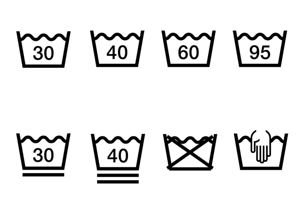Symbole f&uuml;r das Waschen von Kleidung, z.B. f&uuml;r sportsachen waschen. Zeigt verschiedene Temperaturen (30, 40, 60, 95 Grad) und Wascharten (Maschinenw&auml;sche, Handw&auml;sche, nicht waschen).