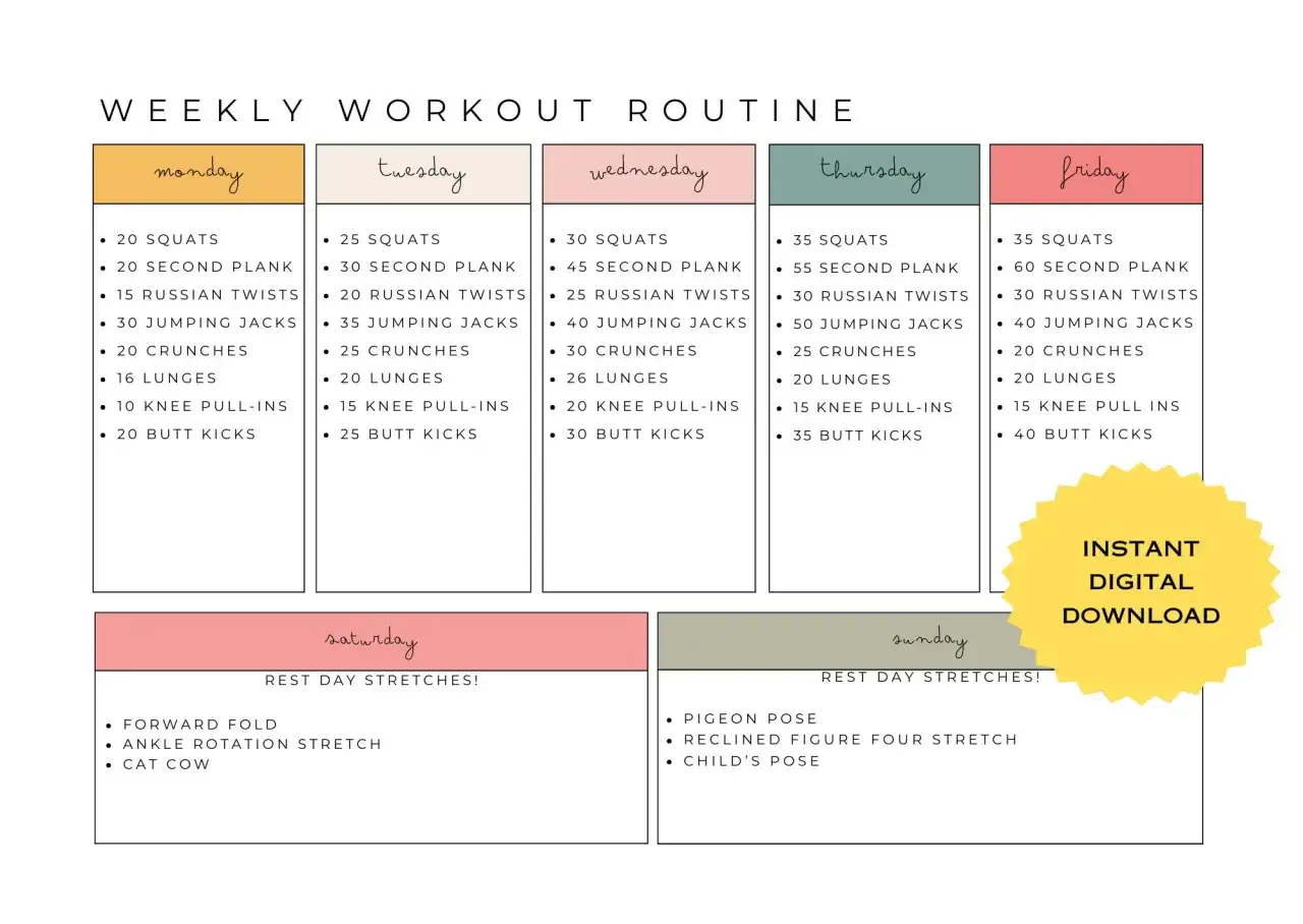 Workout plan vorlage mit täglichen Übungen für Montag bis Freitag und Dehnübungen für Samstag/Sonntag.
