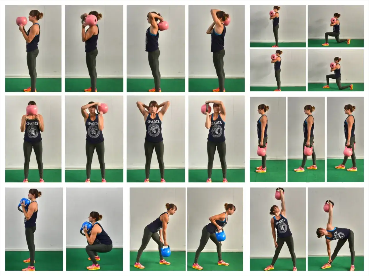 Frau macht Kettlebell-Training: verschiedene &Uuml;bungen mit rosa und blauer Kettlebell, von der Hocke bis zum Ausfallschritt.