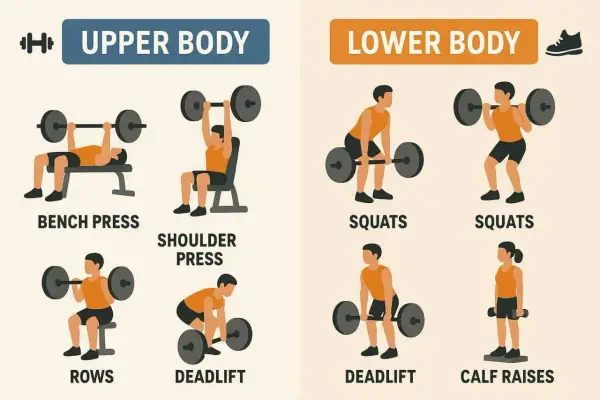 Übungsauswahl für einen natürlichen Bodybuilding Trainingsplan: Oberkörper (Bankdrücken, Schulterdrücken, Rudern) und Unterkörper (Kniebeugen, Kreuzheben, Wadenheben).