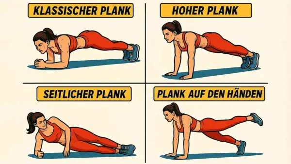 Vier Darstellungen einer Frau in verschiedenen Plank-Positionen: klassischer Plank, hoher Plank, seitlicher Plank und Plank auf den Händen. Jede Übung zeigt eine korrekte Plank-Haltung.